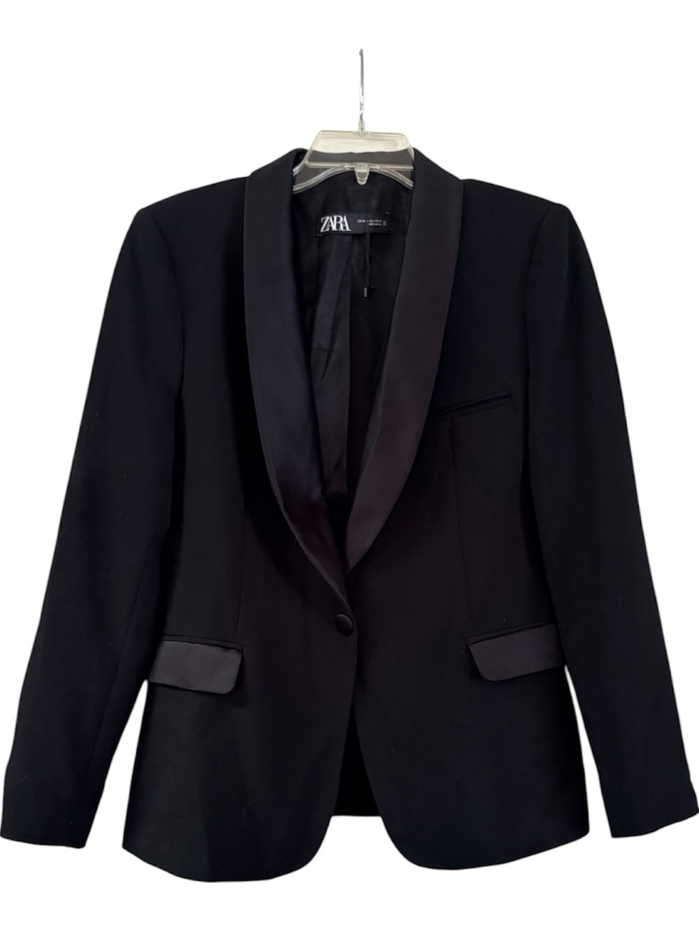 ZARA Women’s Black Tuxedo Blazer Satin Shawl Lapel Tailored One Button Jacket XL - Picture 2 of 13